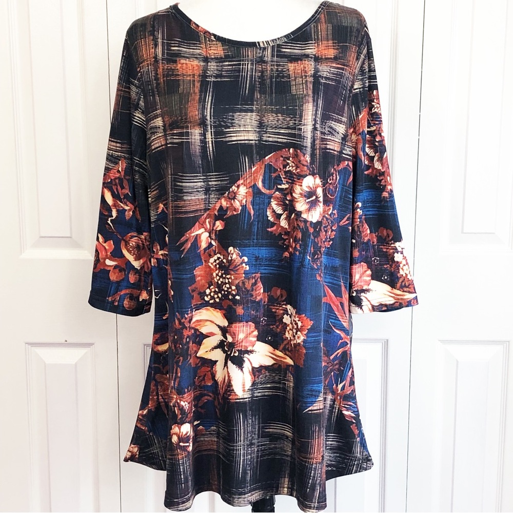 Azalea by Firmiana 1X Multicolor Fall Floral Bird Print Tunic Top